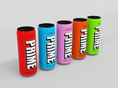 Colorful Red Blue Pink Orange and Green Prime Energy Drink Cans 3d model