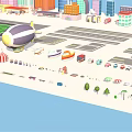 Cartoon City Scene With Tall Colorful Buildings Various Shaped Houses Football Field And Towers