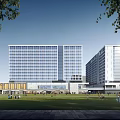 Modern High Rise Office Building Exterior With Glass Curtain Wall Night Lighting And Street View