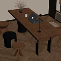 Wooden Work Desk With Laptop Lamp Vase And Stools On Herringbone Floor