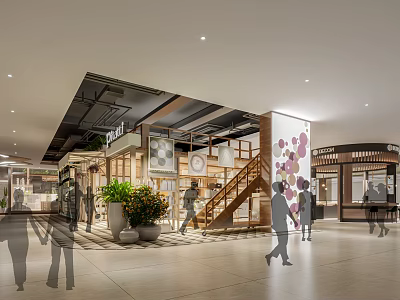 Modern Mall Lobby Interior With Wooden Staircase Green Plants Decorative Wall And Shoppers Walking 3d model