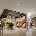 Modern Mall Lobby Interior With Wooden Staircase Green Plants Decorative Wall And Shoppers Walking