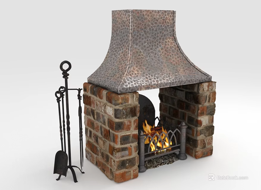 Brick Fireplace With Copper Hammered Chimney Hood Burning Fire And Fireplace Tools Set 3d model 