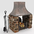 Brick Fireplace With Copper Hammered Chimney Hood Burning Fire And Fireplace Tools Set
