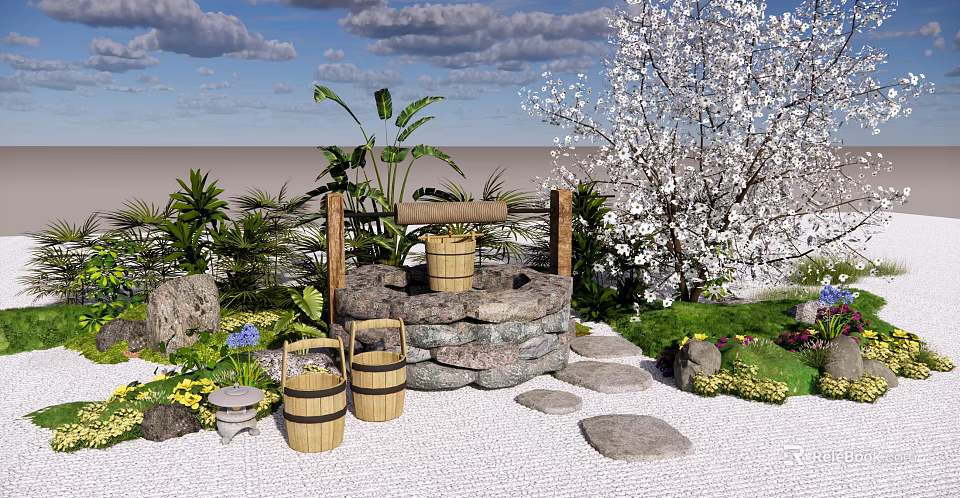 Traditional Japanese Karesansui Garden With Stone Lantern Bamboo Buckets And Cherry Blossom Tree 3d model 