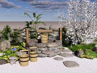 Traditional Japanese Karesansui Garden With Stone Lantern Bamboo Buckets And Cherry Blossom Tree 3d model