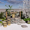 Traditional Japanese Karesansui Garden With Stone Lantern Bamboo Buckets And Cherry Blossom Tree