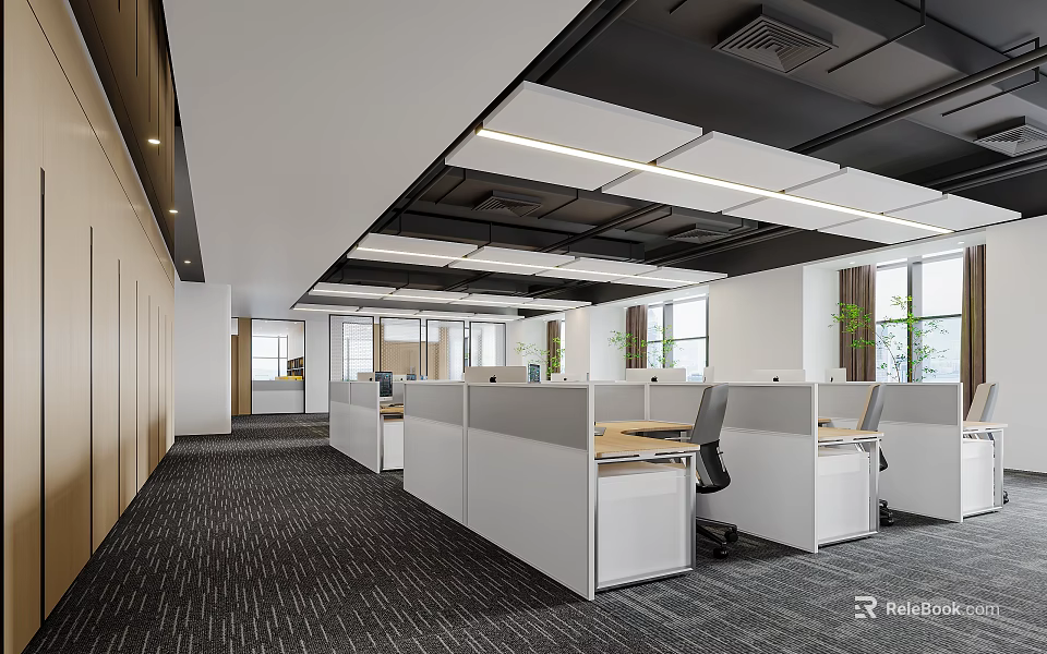 Modern Public Office Space Interior With Cubicle Workstations Ceiling Lighting And Plants 3d model 