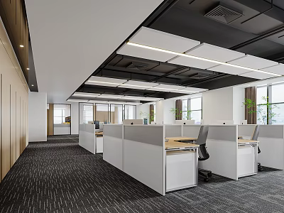 Modern Public Office Space Interior With Cubicle Workstations Ceiling Lighting And Plants 3d model