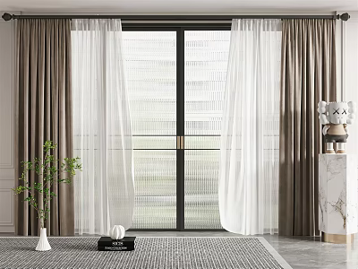 Beige And White Sheer Curtains With Drapes For Modern Floor To Ceiling Windows 3d model