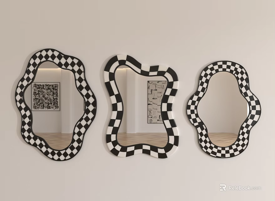 Three Stylish Mirrors With Black And White Checkered Frames And Irregular Shapes On Wall 3d model 