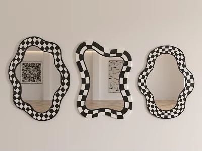 Three Stylish Mirrors With Black And White Checkered Frames And Irregular Shapes On Wall 3d model