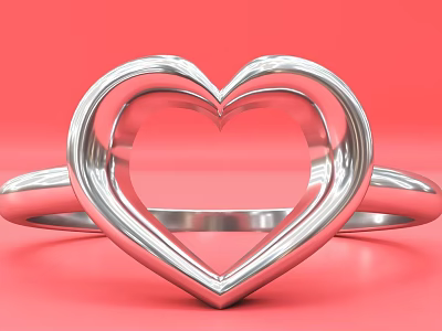Heart Shaped Silver Ring with Sleek Open Design on Vibrant Pink Background Elegant Jewelry Accessory 3d model