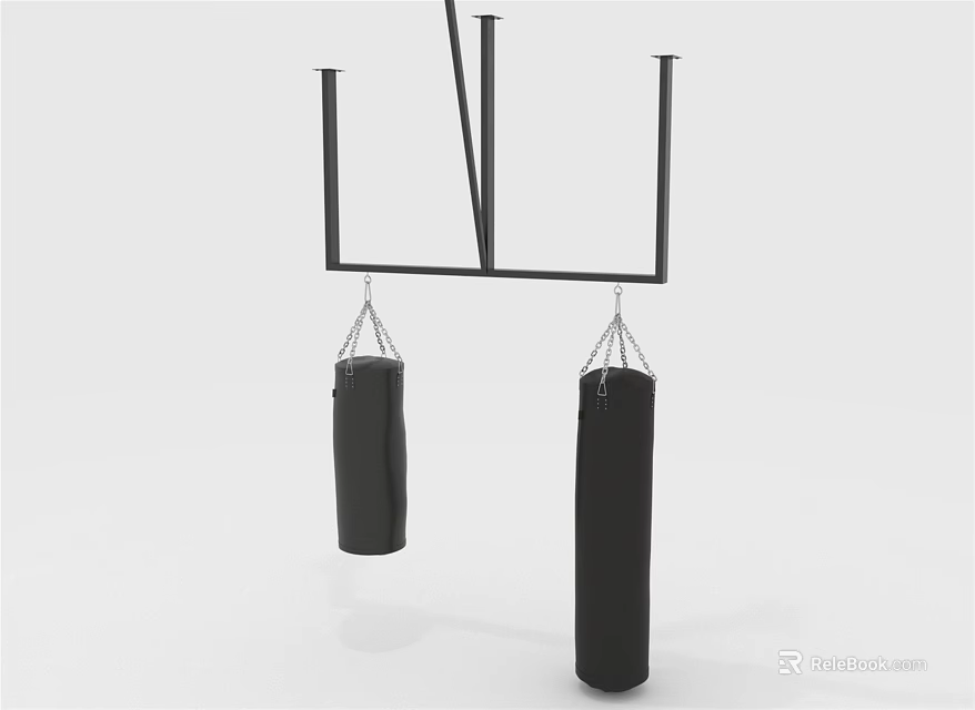 Two Black Punching Bags for Sports Training Hanging on Metal Frame 3d model 