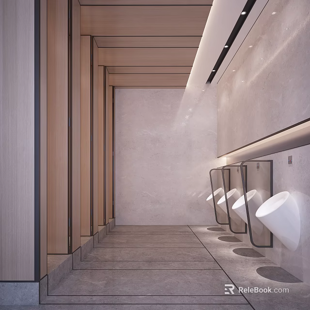 Modern Public Restroom Interior Design With Marble Walls Wooden Elements Urinals And Good Lighting 3d model 