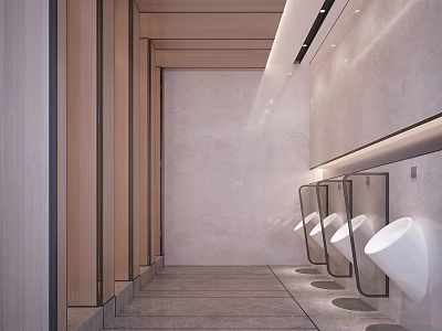 Modern Public Restroom Interior Design With Marble Walls Wooden Elements Urinals And Good Lighting 3d model