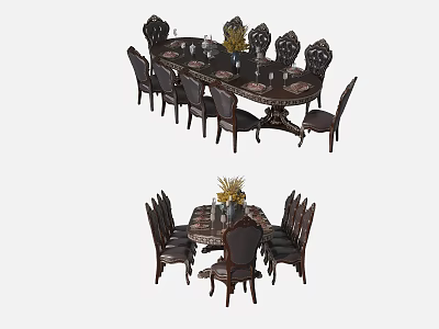 Elegant Classic Dining Table Set With Round Table Carved Wooden Chairs And Flower Vase Decoration 3d model