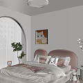 Kids Bedroom Interior With Pink Headboard Bed Stuffed Toys Arched Window And Pendant Light