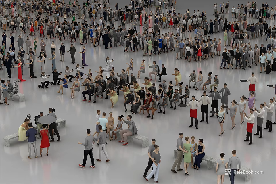 Crowd of People in Open Public Space Walking Standing and Interacting Together 3d model 