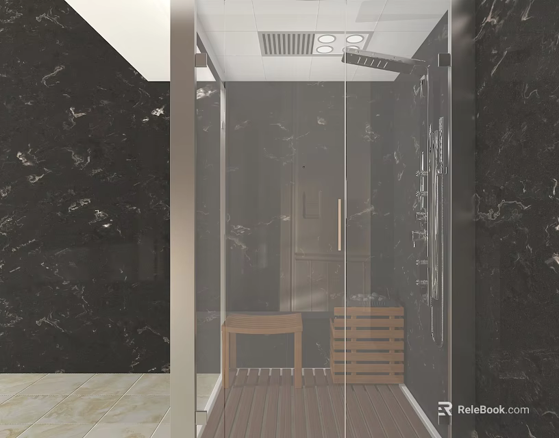 Modern Shower Sauna with Black Marble Walls Glass Enclosure Wooden Bench and Flooring 3d model 