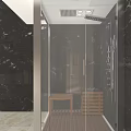 Modern Shower Sauna with Black Marble Walls Glass Enclosure Wooden Bench and Flooring