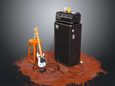 Musical Instruments And Art Supplies Featuring Electric Guitar Black Amplifier Orange Stool On Wooden Floor 3d model