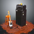 Musical Instruments And Art Supplies Featuring Electric Guitar Black Amplifier Orange Stool On Wooden Floor