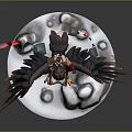 Fantasy Armored Character Riding Giant Eagle On Snowy Base With Rocks And Red Flag