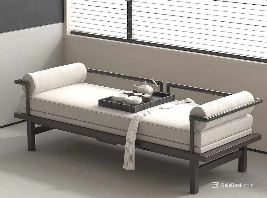 Modern Arhat Bed With White Cushion Black Frame And Tea Set Decoration 3d model