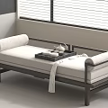 Modern Arhat Bed With White Cushion Black Frame And Tea Set Decoration 3d model