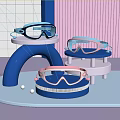 Colorful Kids Swimming Goggles with Pink Blue and Light Blue on Geometric Shaped Display Stands