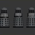 Three Metallic Robot Models With Dome Heads Circular Holes Mechanical Arms And Black Bases