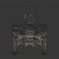 Military Style Open Frame Utility Vehicle With Large Off Road Tires And Roof Mounted Equipment
