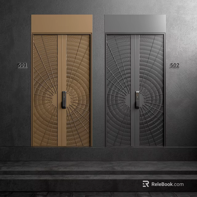 Stylish Golden And Black Double Doors With Intricate Geometric Patterns On Gray Wall 3d model 