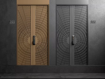 Stylish Golden And Black Double Doors With Intricate Geometric Patterns On Gray Wall 3d model