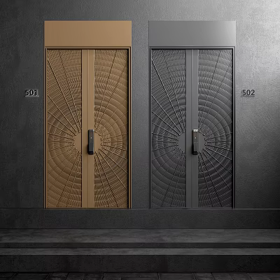 Stylish Golden And Black Double Doors With Intricate Geometric Patterns On Gray Wall 3d model