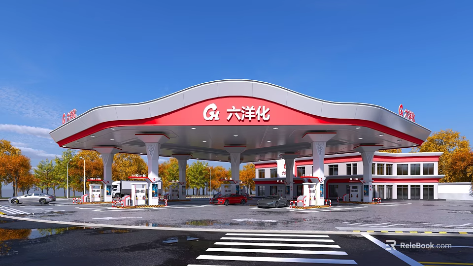 Red and White Canopy Gas Station with Fuel Pumps and Trees Around Vehicles Refueling 3d model 