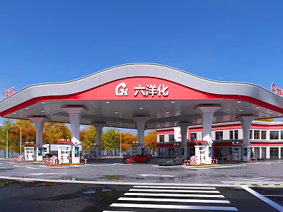 Red and White Canopy Gas Station with Fuel Pumps and Trees Around Vehicles Refueling 3d model
