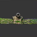 Ancient Cannon On Green Grass Field With Stones And Fallen Leaves