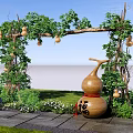 Rural Landscape with Gourd Trellis Vines Fu Character Gourd Green Plants Grass and Stone Path