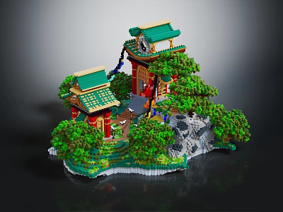 Cartoon Scene Model Featuring Traditional Chinese Architecture Green Roofs Red Pillars And Trees 3d model