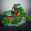 Cartoon Scene Model Featuring Traditional Chinese Architecture Green Roofs Red Pillars And Trees