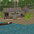 Tropical Beach Hut With Thatched Roof Palm Trees And Waterfront View