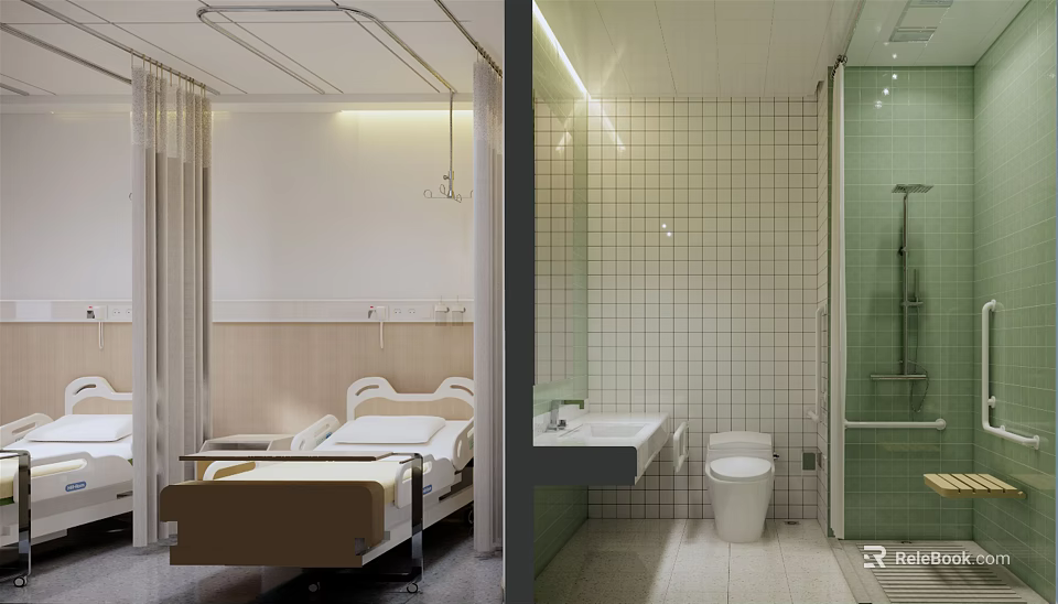 Modern Hospital Room and Bathroom Interior with Medical Facilities and Clean Design 3d model 