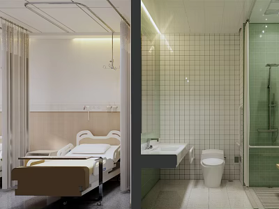 Modern Hospital Room and Bathroom Interior with Medical Facilities and Clean Design 3d model