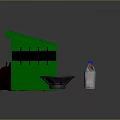 Green Storage Shed Structure With Gray Roof And Animal Figures Alongside Bottles Cups And Plate