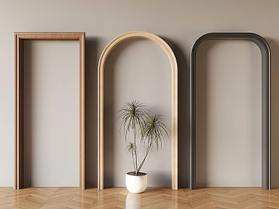 Three Different Colored Door Arches With Potted Plant On Wooden Herringbone Floor 3d model