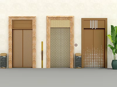 Public Elevators In Public Facility With Decorative Doors Stone Decorations And Potted Plant 3d model