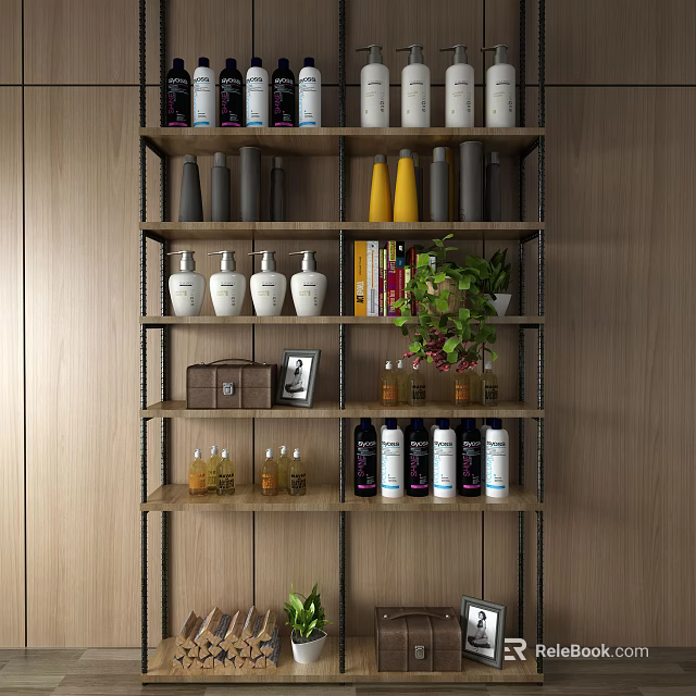 Modern Storage Shelf With Various Bottles Books Photo Frame And Plant On Wooden Wall 3d model 