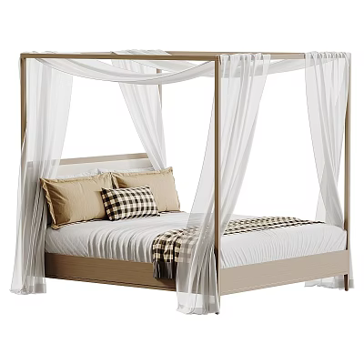 Double Bed with Four Poster Frame White Canopy Curtains Beige Pillows Plaid Cushion Striped Blanket 3d model